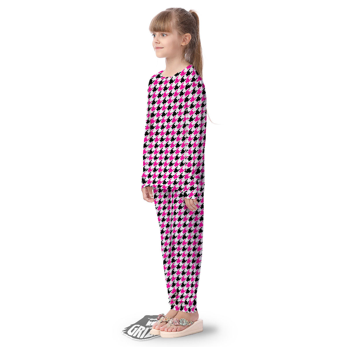 White Pink And Black Houndstooth Print Kid's Pajamas-grizzshop