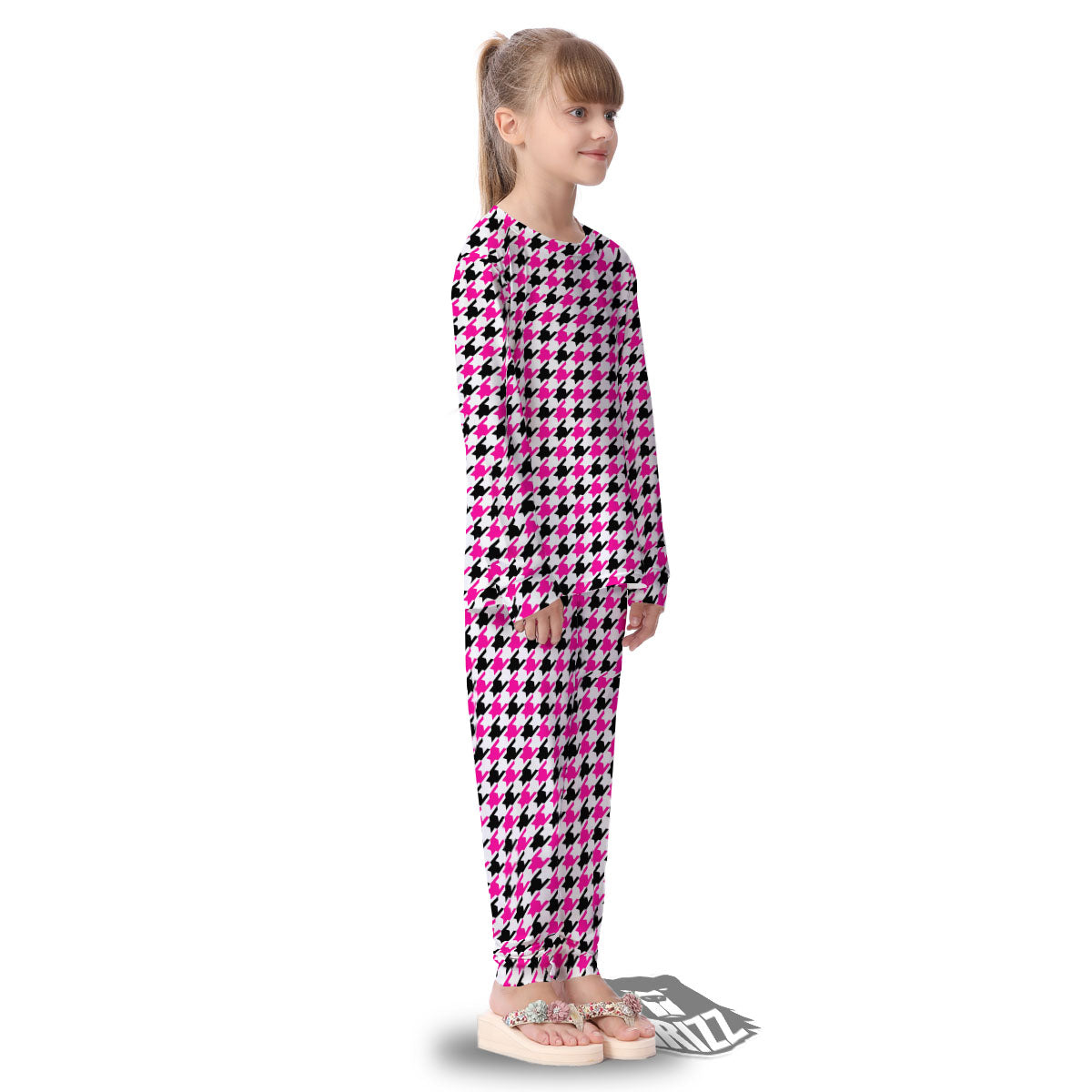 White Pink And Black Houndstooth Print Kid's Pajamas-grizzshop