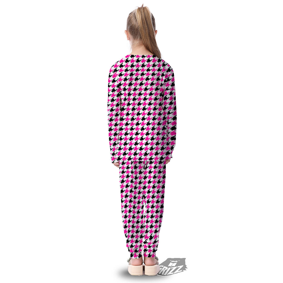 White Pink And Black Houndstooth Print Kid's Pajamas-grizzshop
