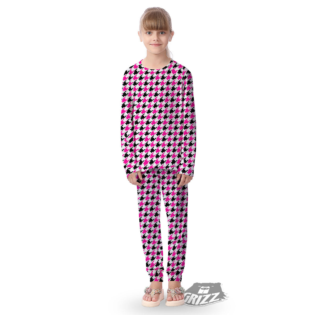 White Pink And Black Houndstooth Print Kid's Pajamas-grizzshop