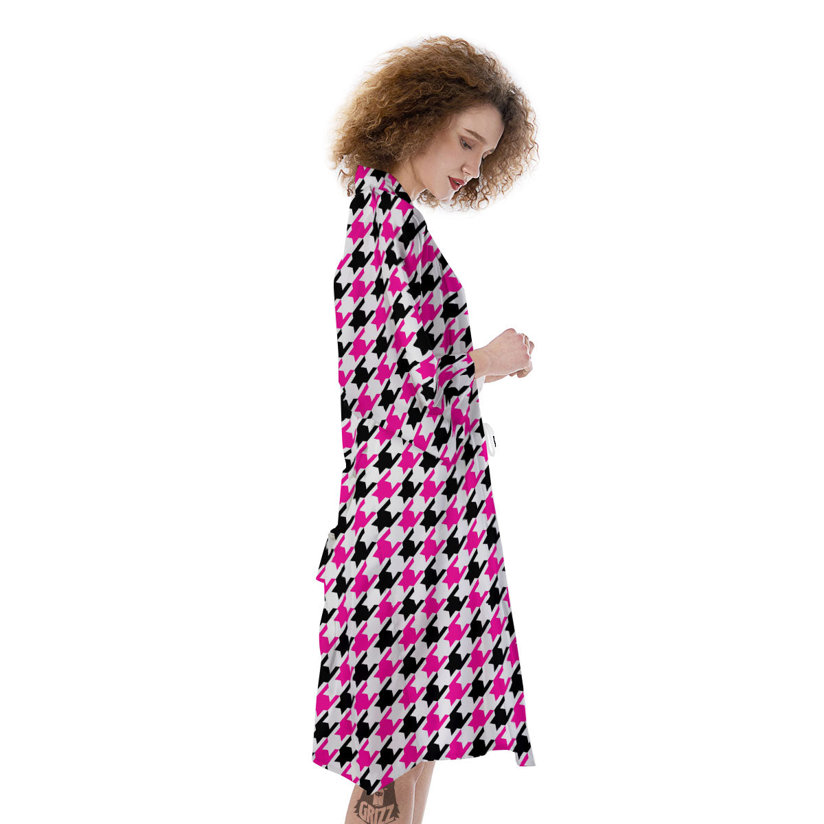 White Pink And Black Houndstooth Print Kimono-grizzshop