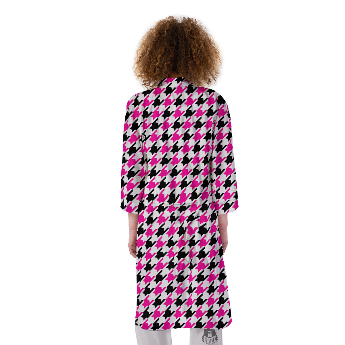 White Pink And Black Houndstooth Print Kimono-grizzshop