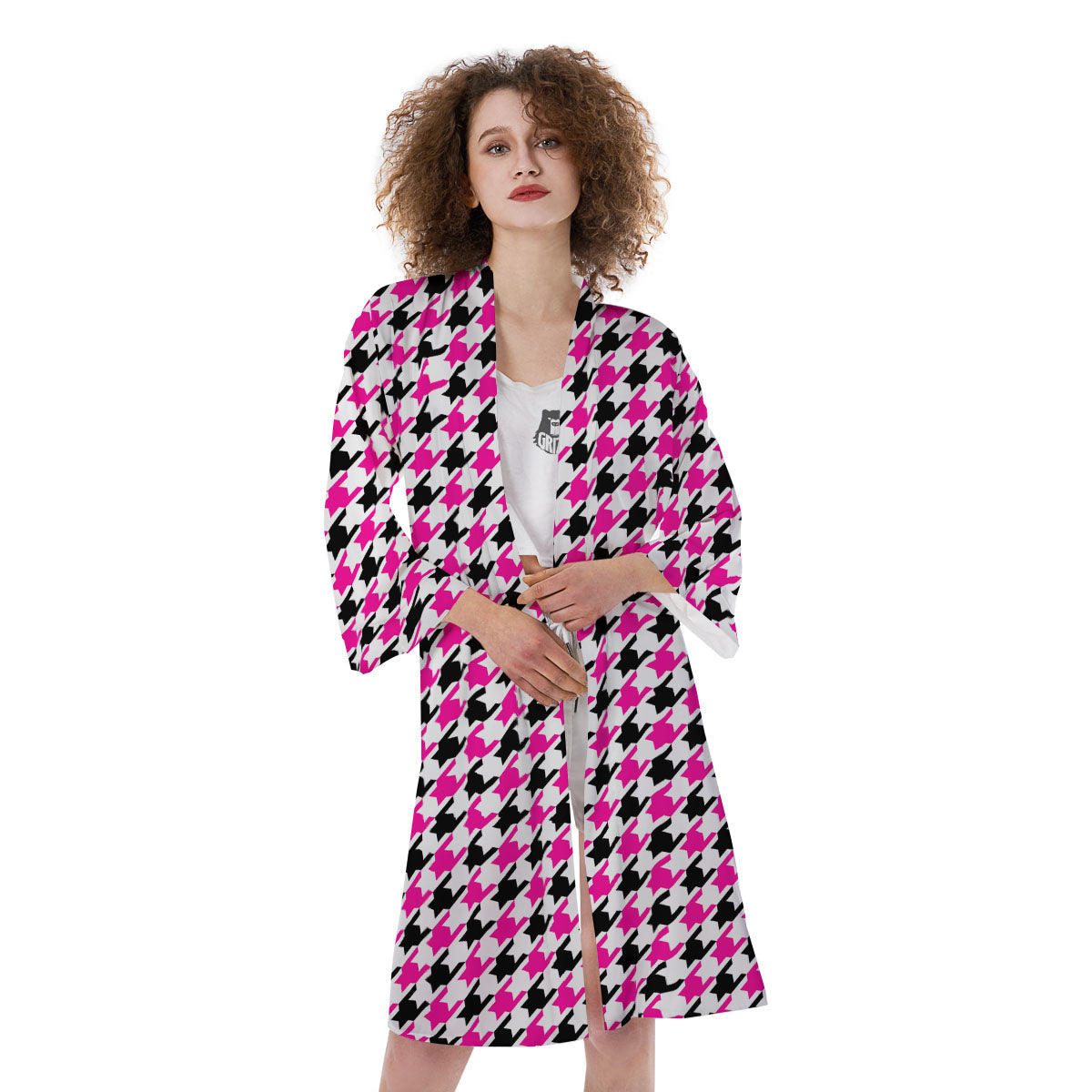White Pink And Black Houndstooth Print Kimono-grizzshop