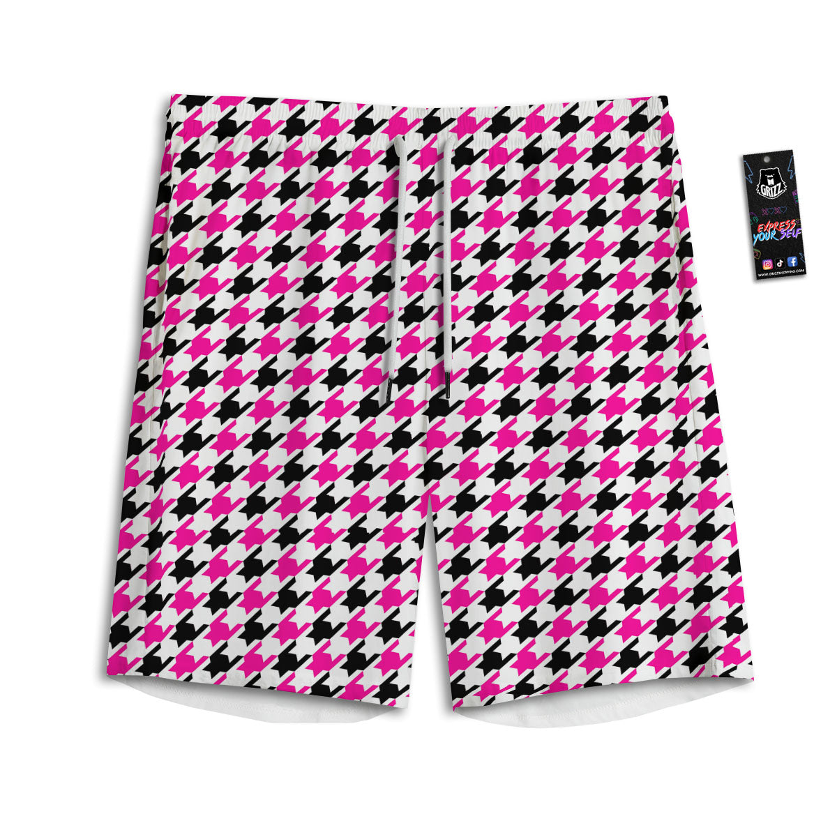 White Pink And Black Houndstooth Print Men's Athletic Shorts