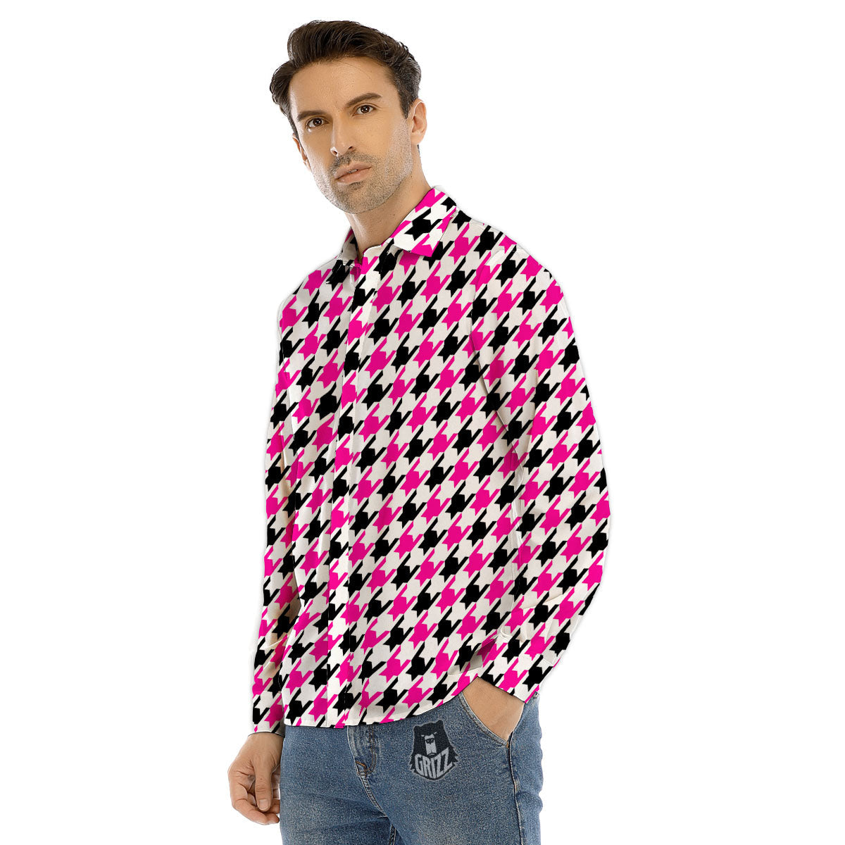 White Pink And Black Houndstooth Print Men's Dress Shirts-grizzshop