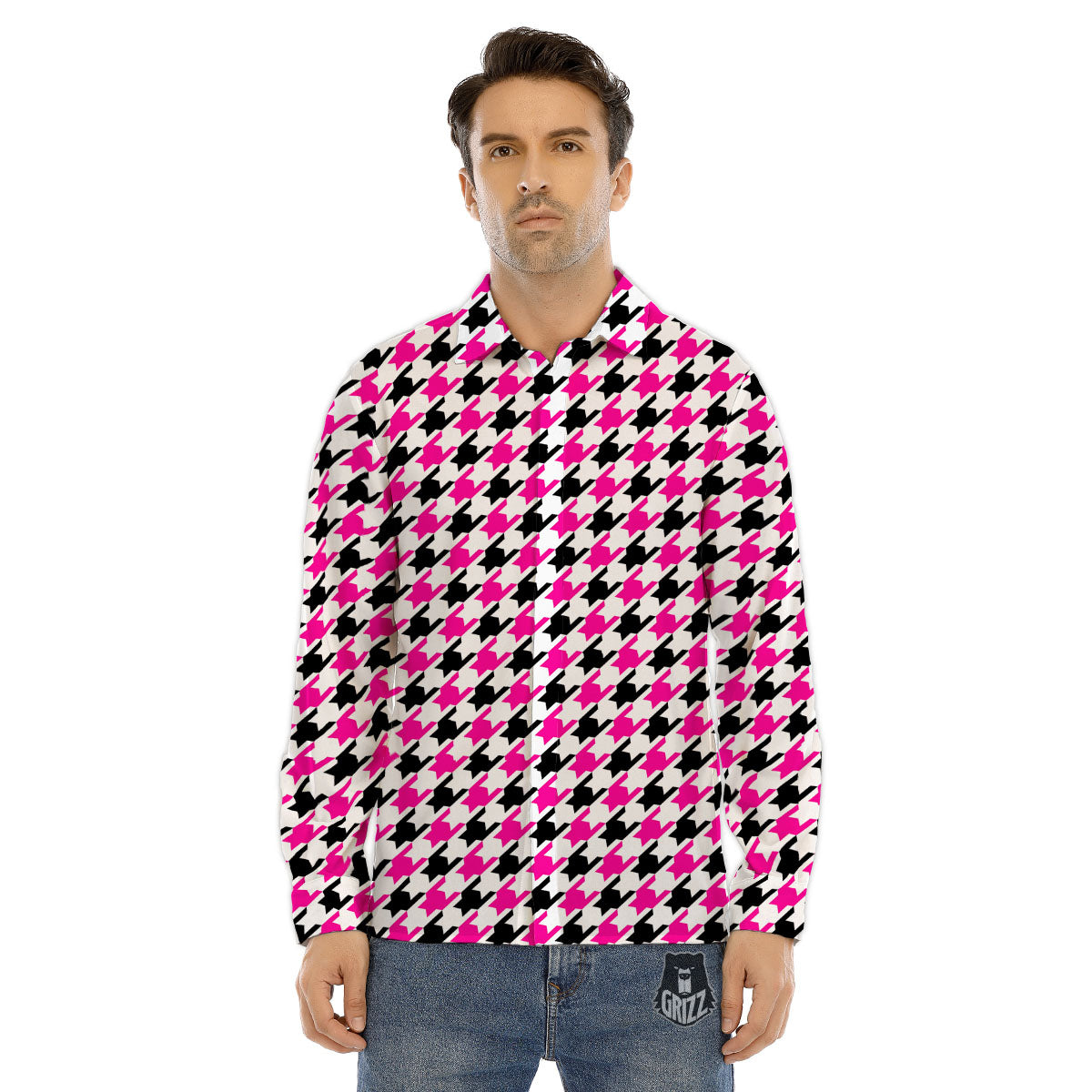 White Pink And Black Houndstooth Print Men's Dress Shirts-grizzshop