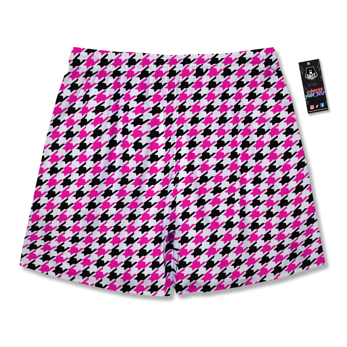 White Pink And Black Houndstooth Print Men's Running Shorts-grizzshop