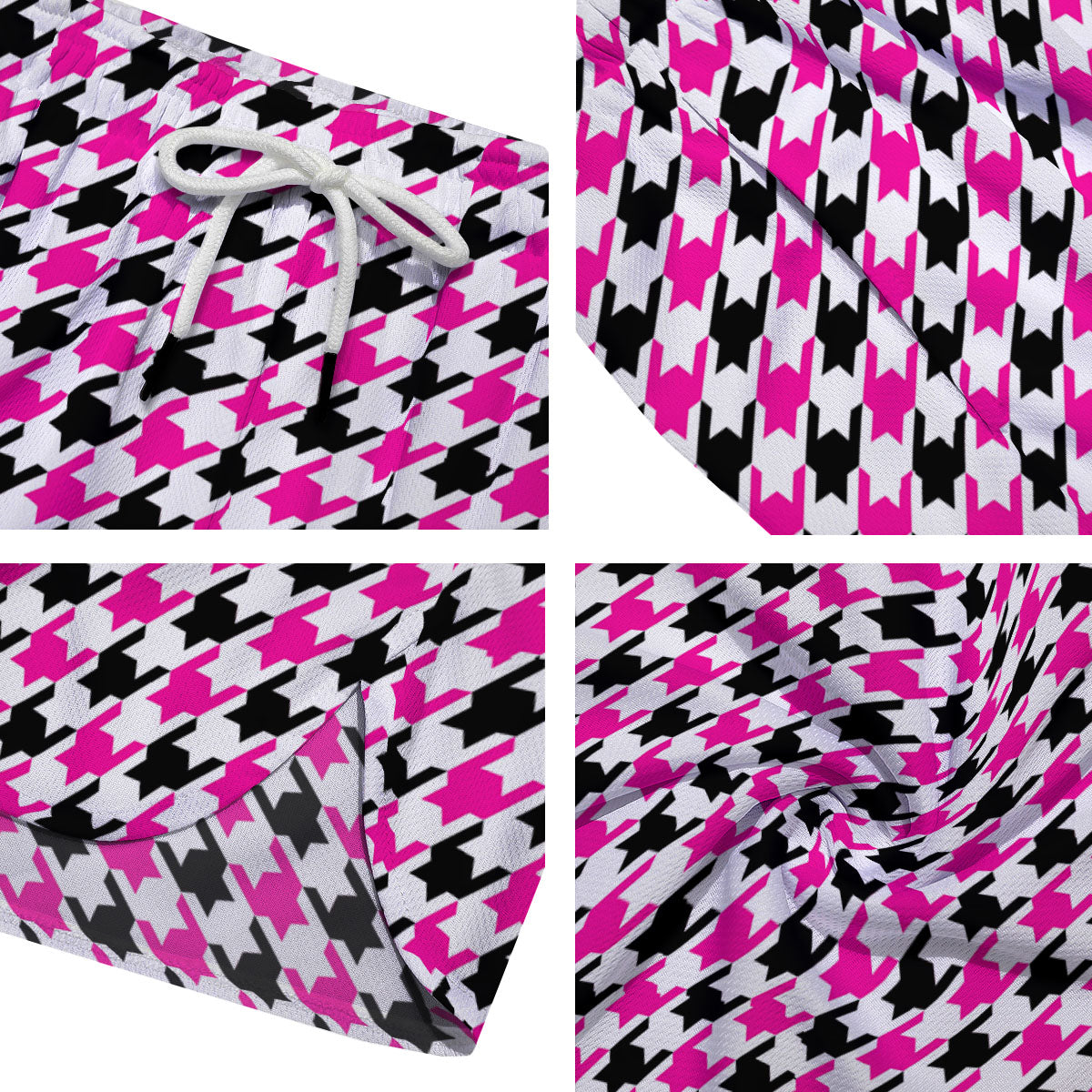 White Pink And Black Houndstooth Print Men's Running Shorts-grizzshop