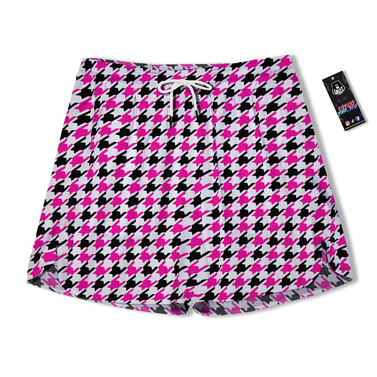 White Pink And Black Houndstooth Print Men's Running Shorts-grizzshop