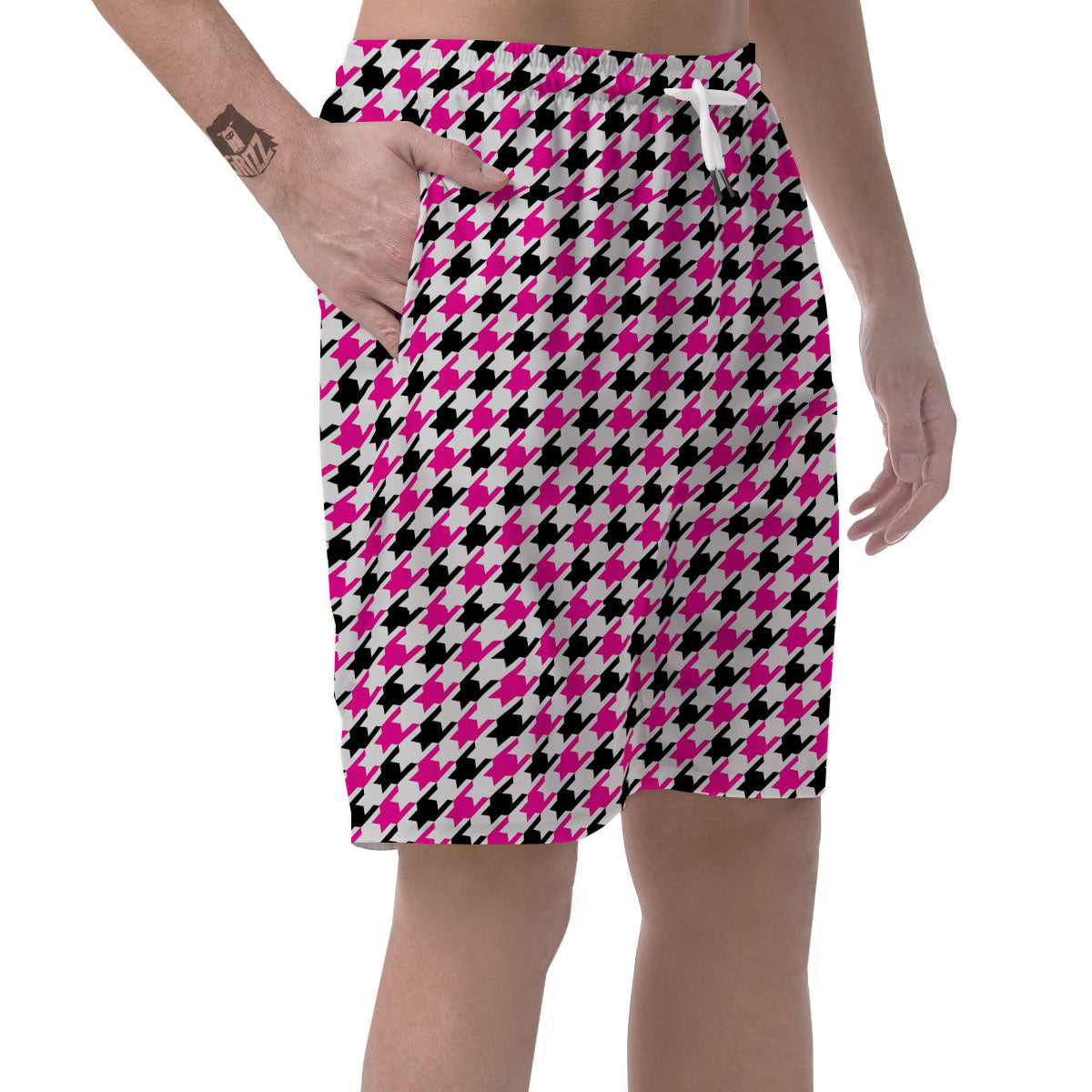 White Pink And Black Houndstooth Print Men's Shorts-grizzshop