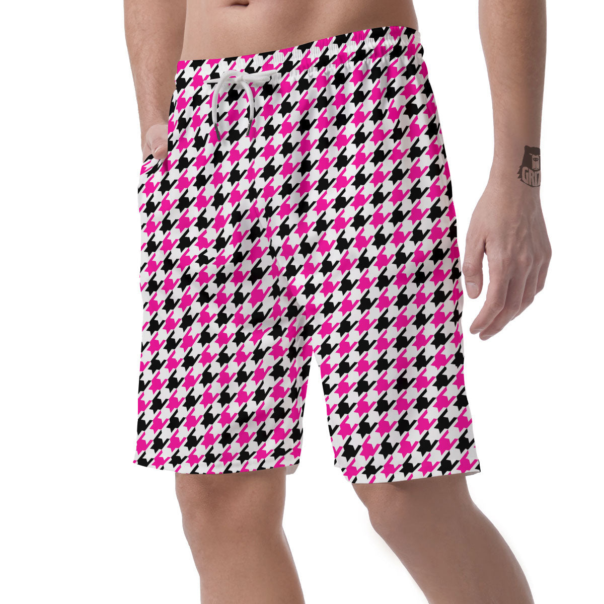 White Pink And Black Houndstooth Print Men's Shorts-grizzshop