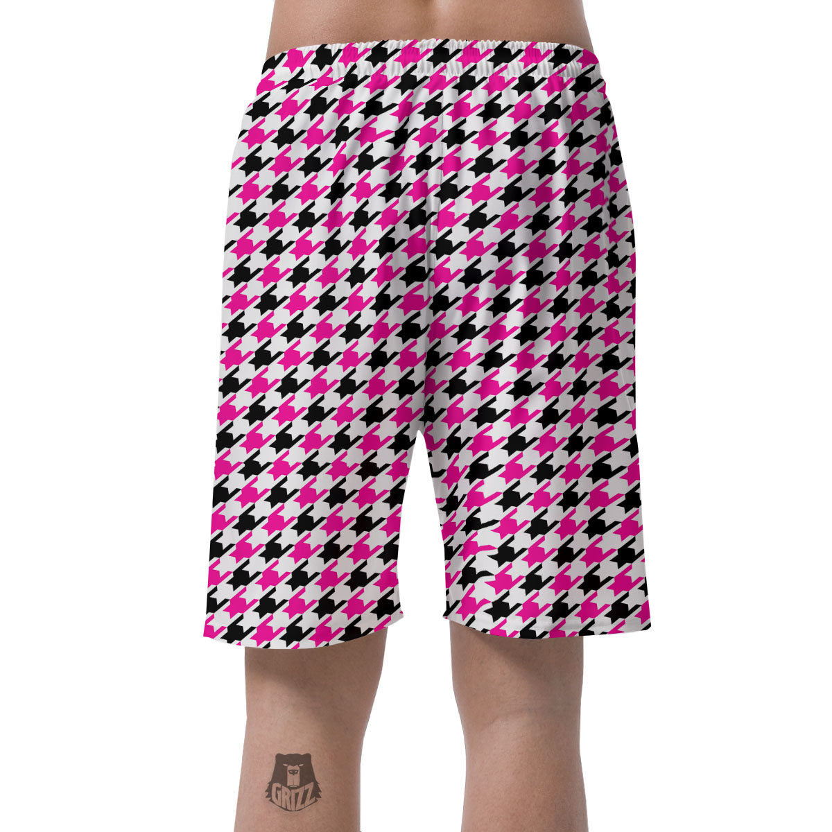White Pink And Black Houndstooth Print Men's Shorts-grizzshop