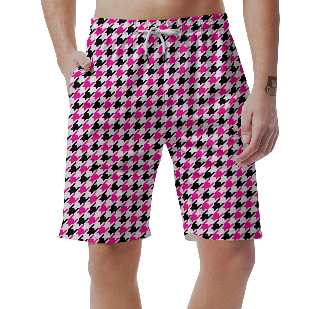 White Pink And Black Houndstooth Print Men's Shorts-grizzshop