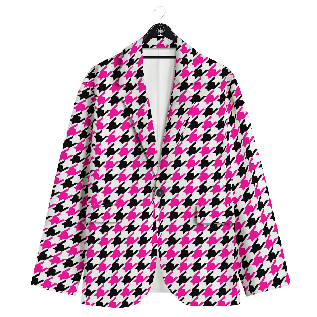White Pink And Black Houndstooth Print Men's Sport Coat-grizzshop