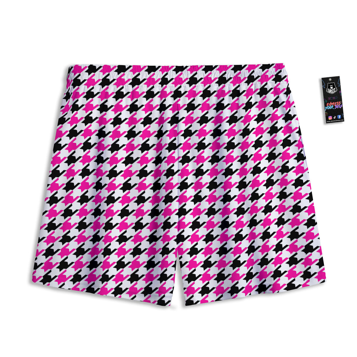 White Pink And Black Houndstooth Print Mesh Shorts
