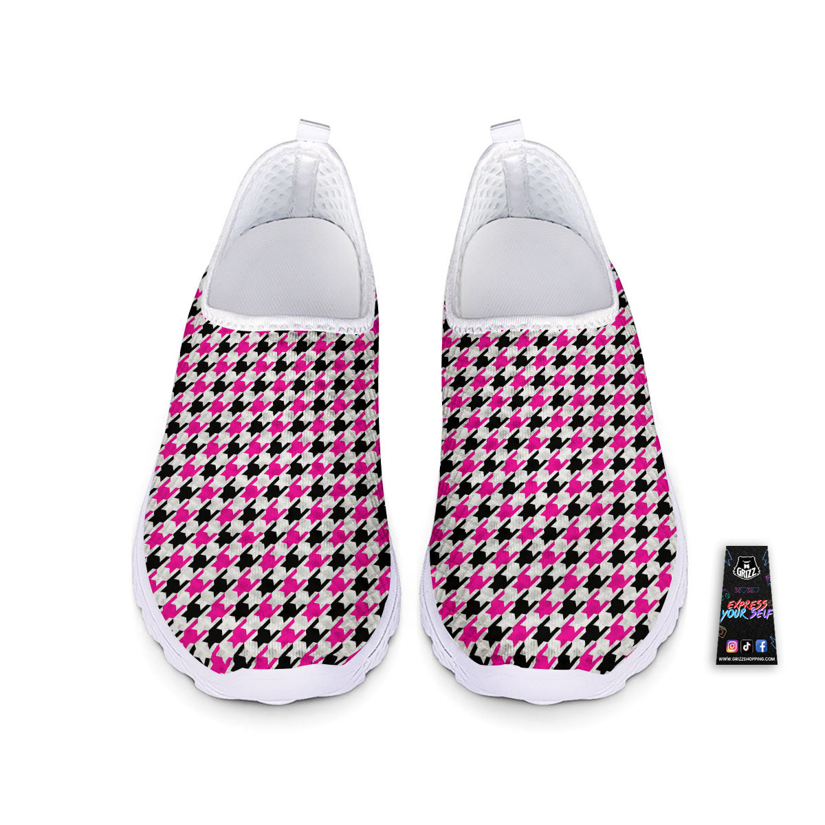White Pink And Black Houndstooth Print Nurse Shoes-grizzshop