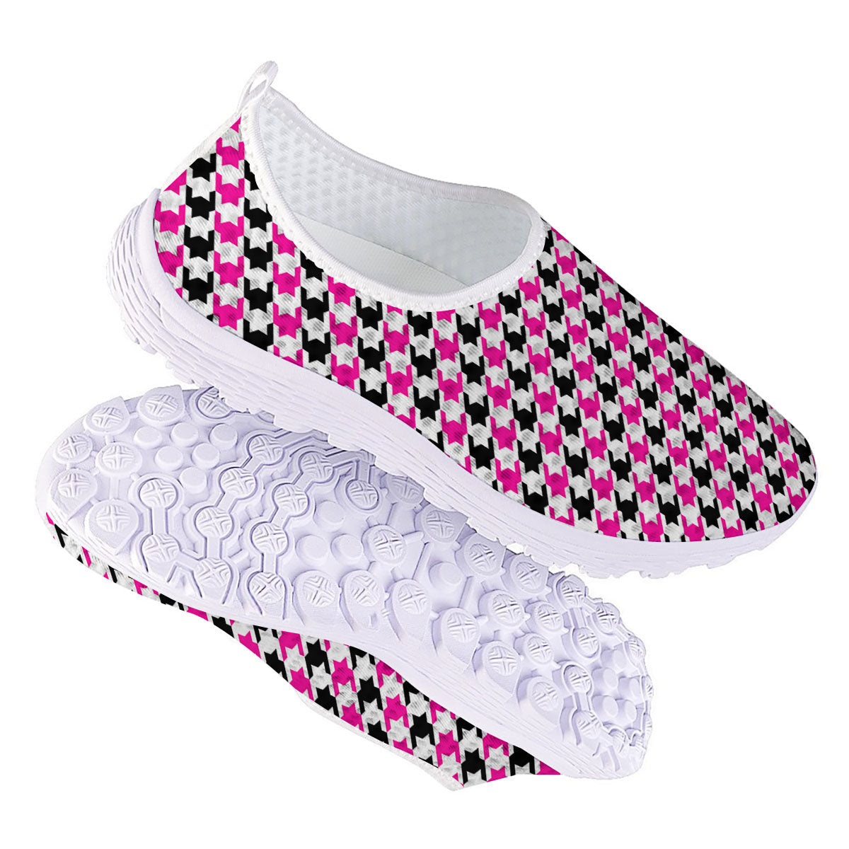 White Pink And Black Houndstooth Print Nurse Shoes-grizzshop