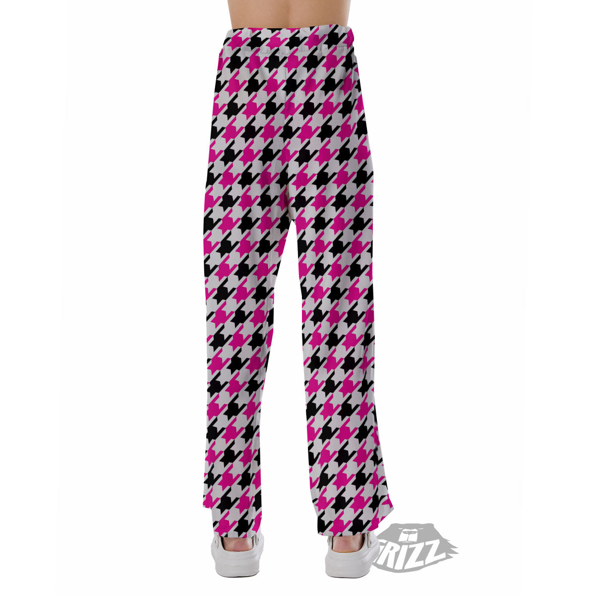 White Pink And Black Houndstooth Print Pajama Pants-grizzshop