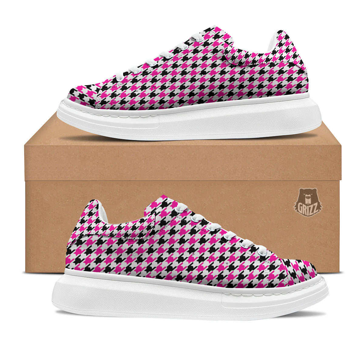 White Pink And Black Houndstooth Print Platform Shoes-grizzshop