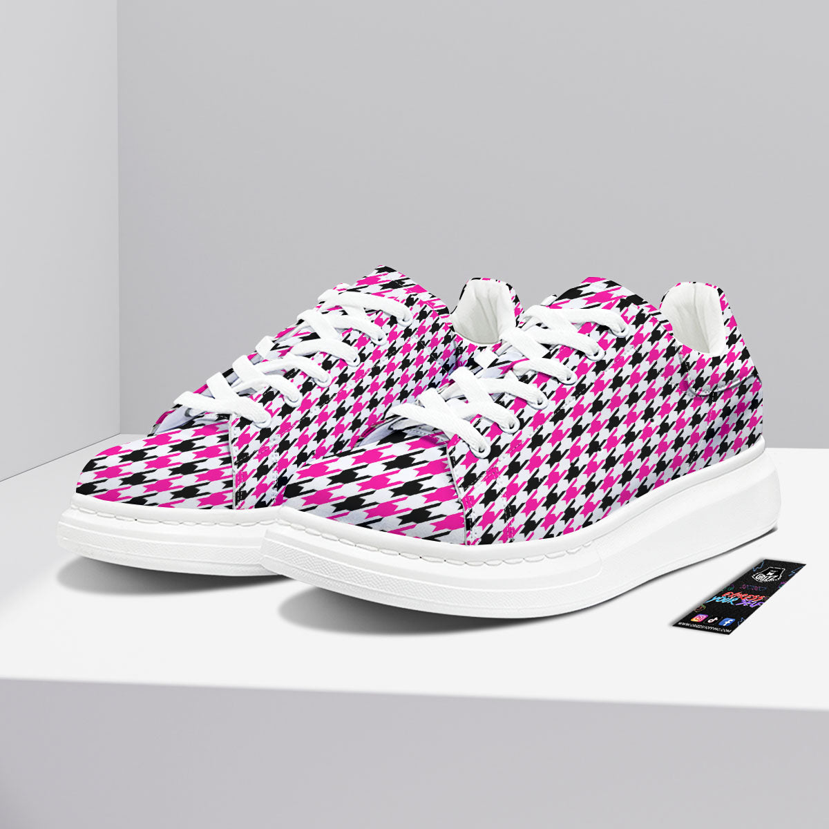 White Pink And Black Houndstooth Print Platform Shoes-grizzshop