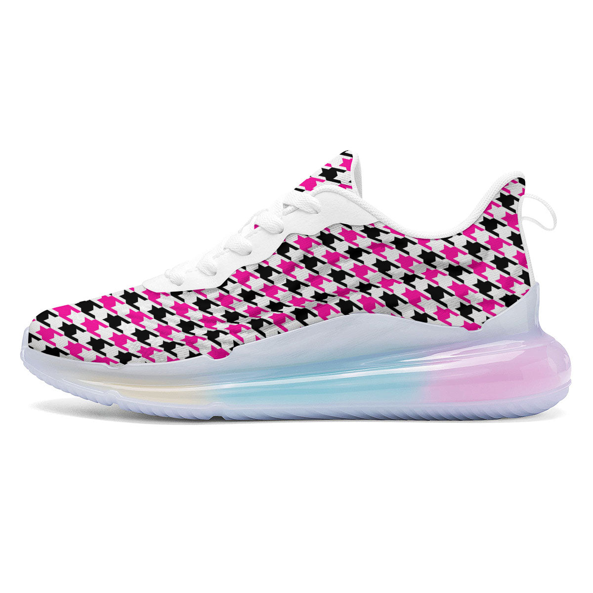 White Pink And Black Houndstooth Print Running Sneakers-grizzshop