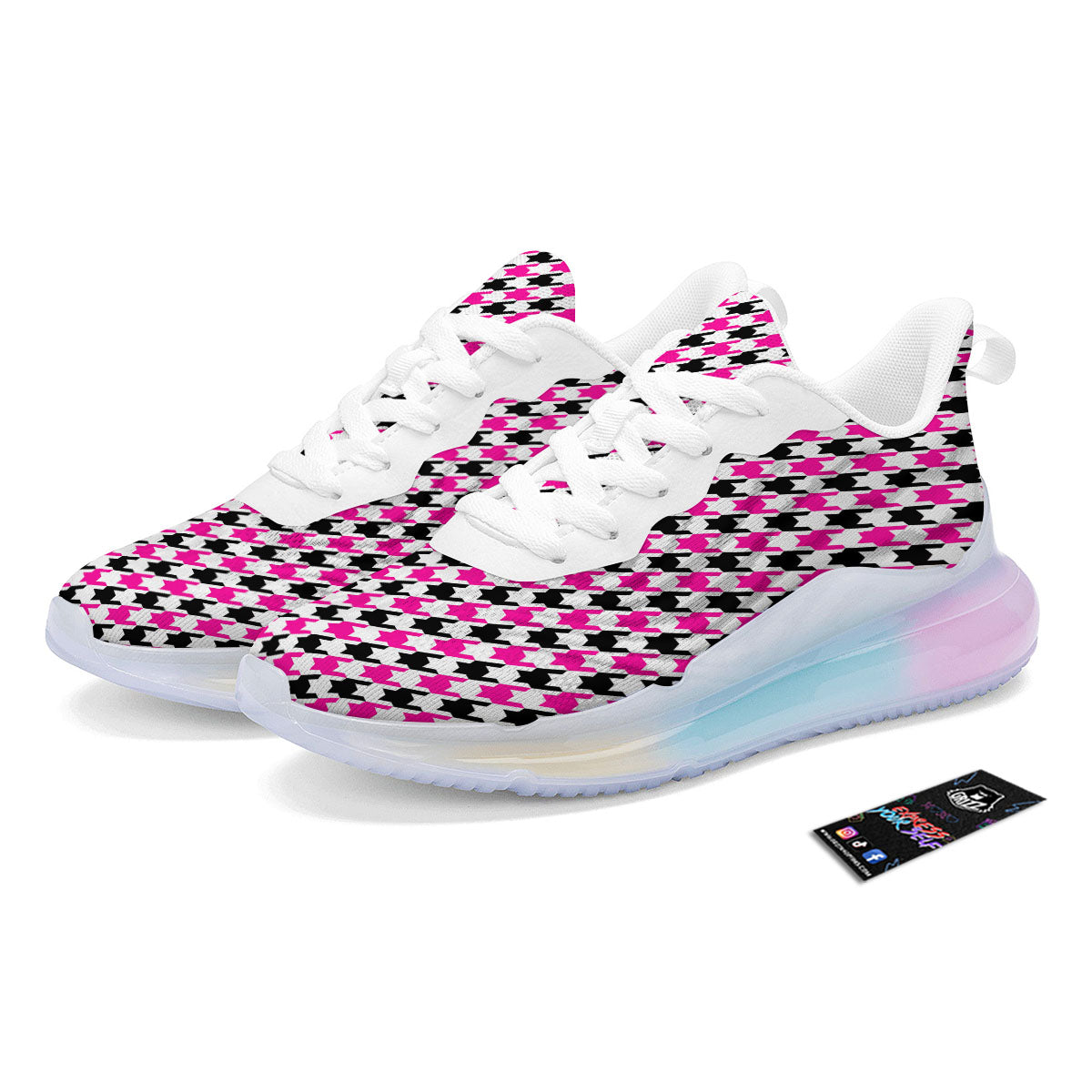 White Pink And Black Houndstooth Print Running Sneakers-grizzshop