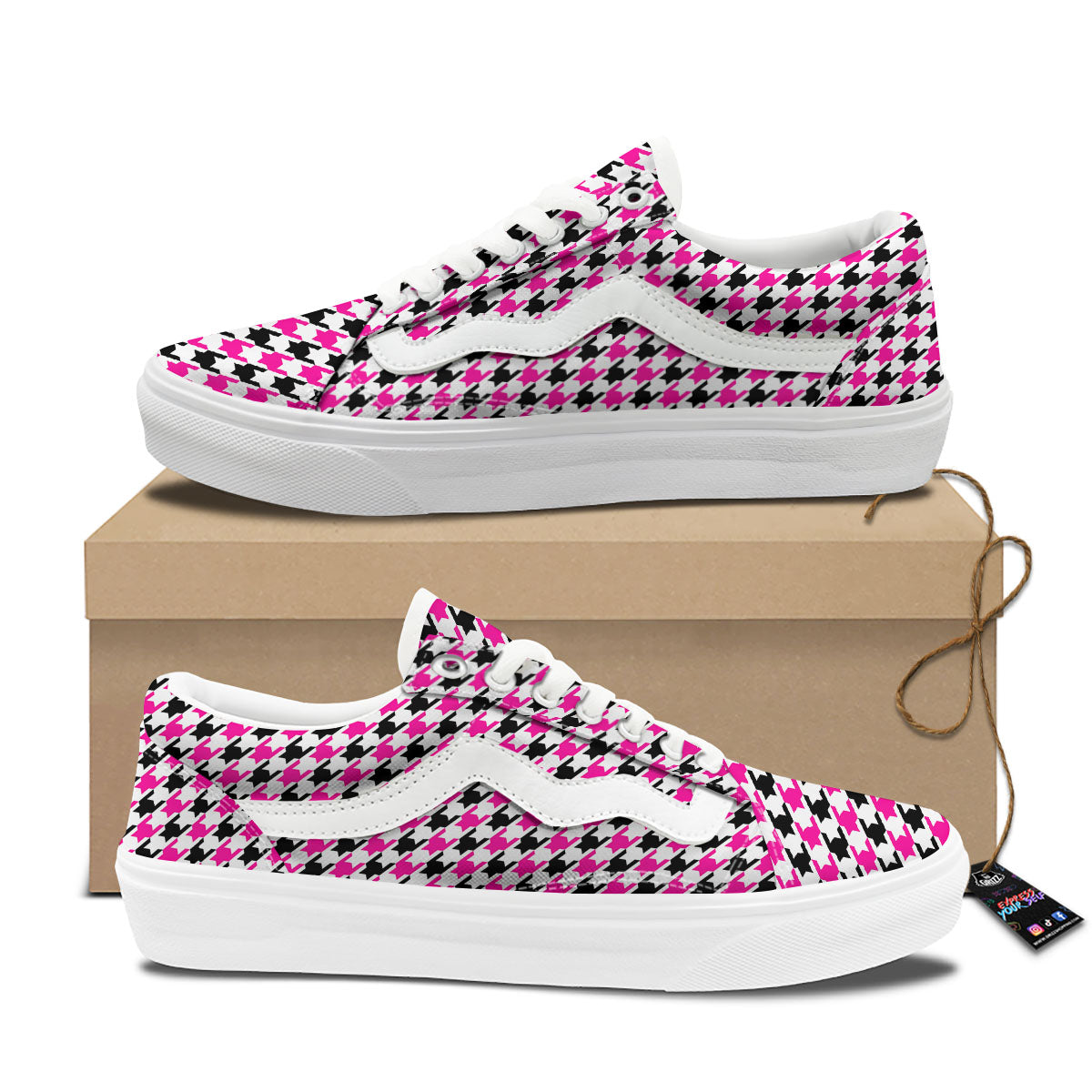 White Pink And Black Houndstooth Print Skate Shoes-grizzshop