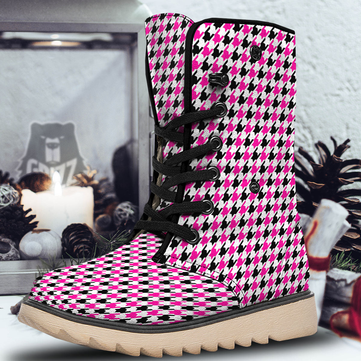 White Pink And Black Houndstooth Print Snow Boots-grizzshop
