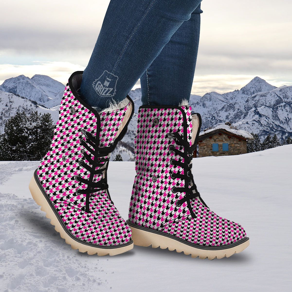 White Pink And Black Houndstooth Print Snow Boots-grizzshop