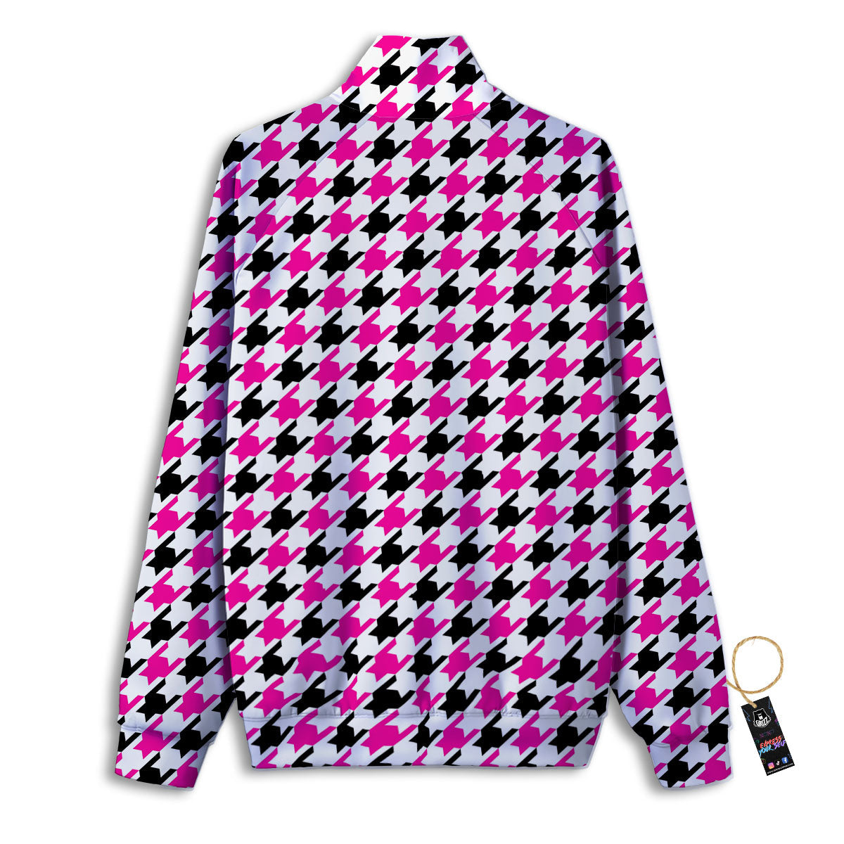 White Pink And Black Houndstooth Print Track Jacket-grizzshop