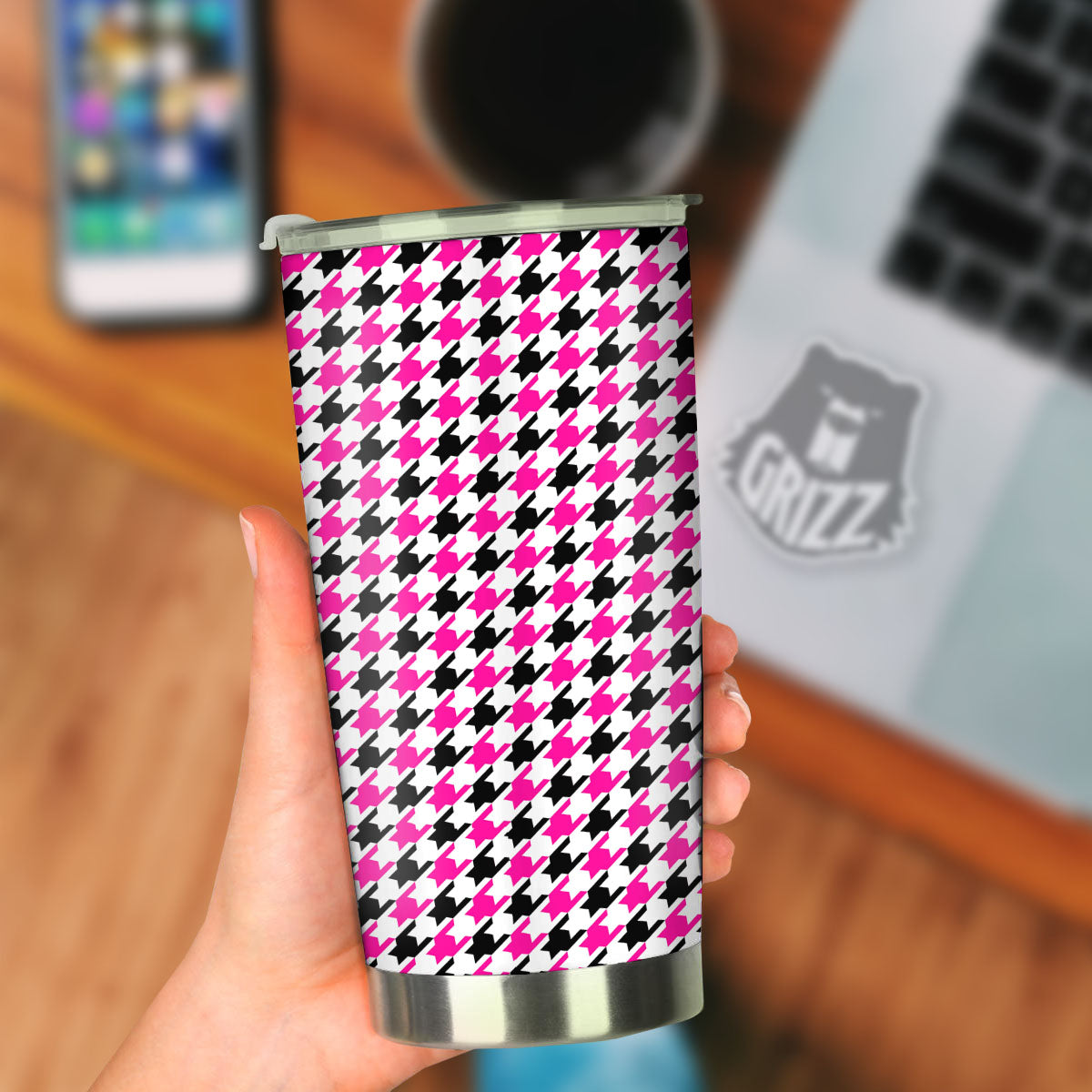 White Pink And Black Houndstooth Print Tumbler-grizzshop