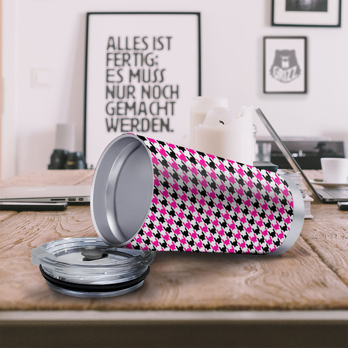 White Pink And Black Houndstooth Print Tumbler-grizzshop