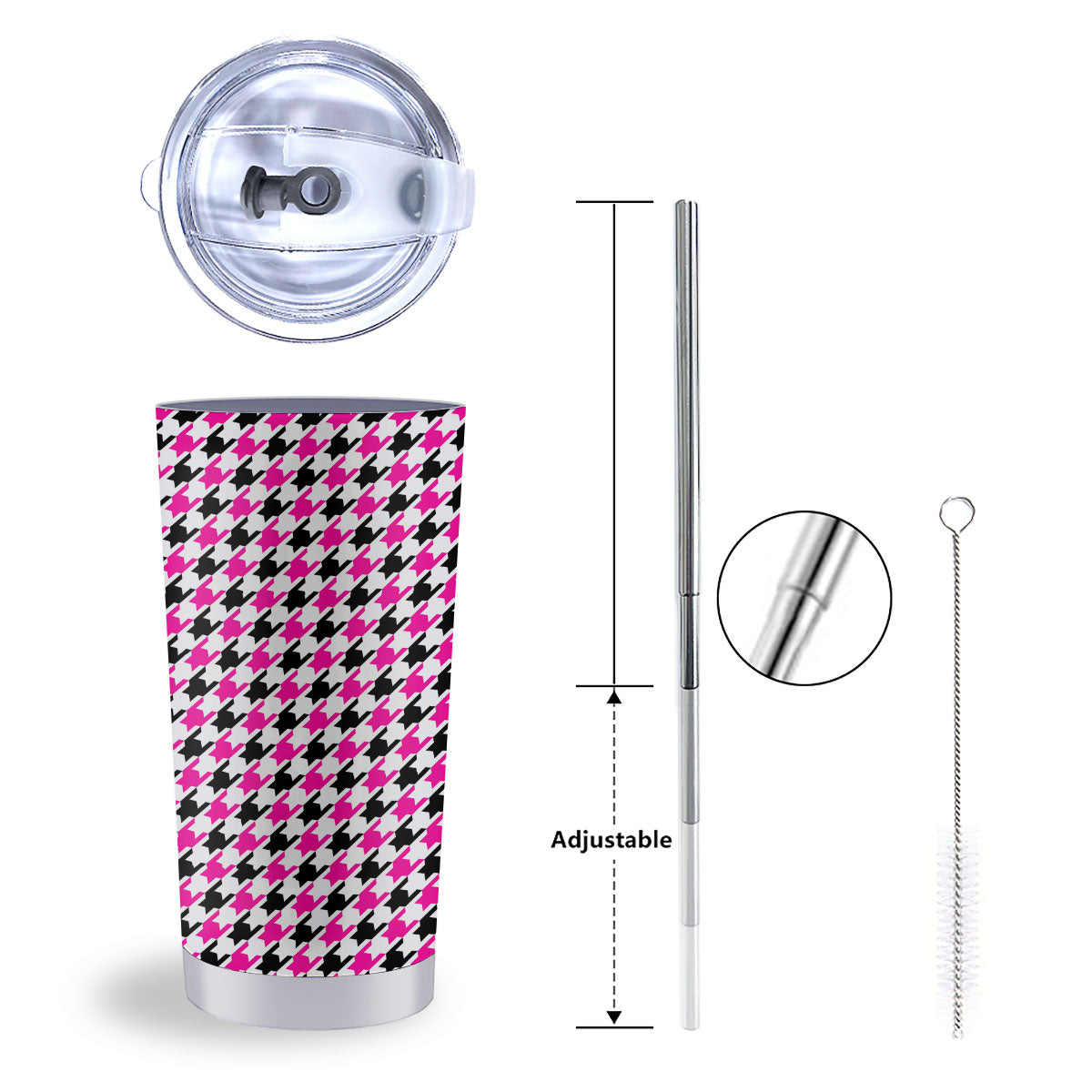 White Pink And Black Houndstooth Print Tumbler-grizzshop