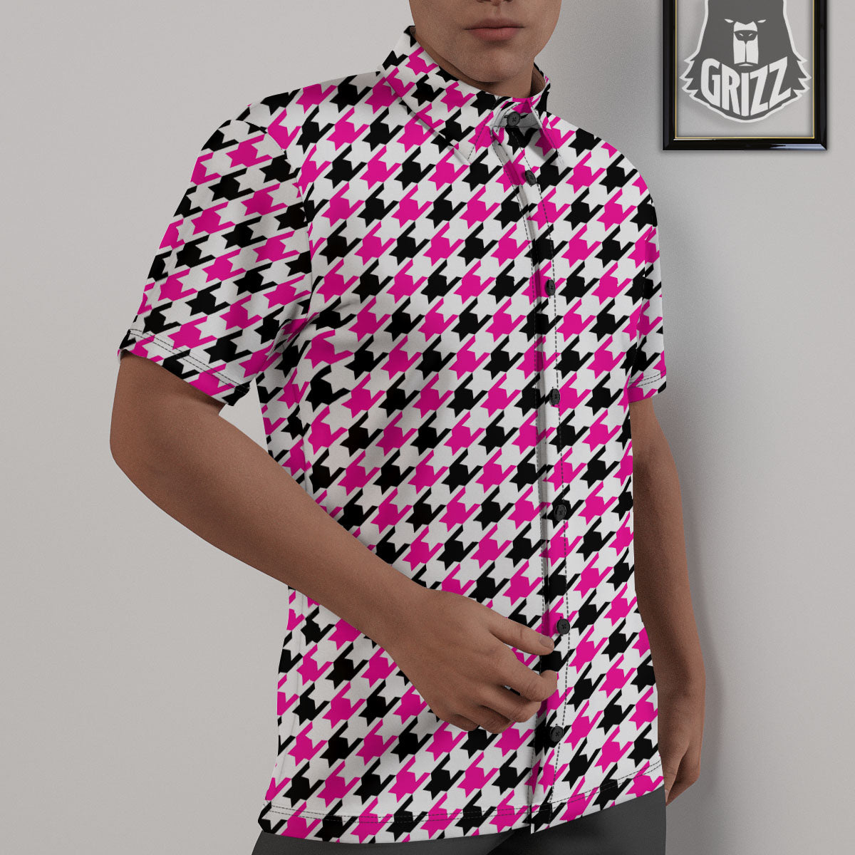 White Pink And Black Houndstooth Print Untucked Shirts-grizzshop