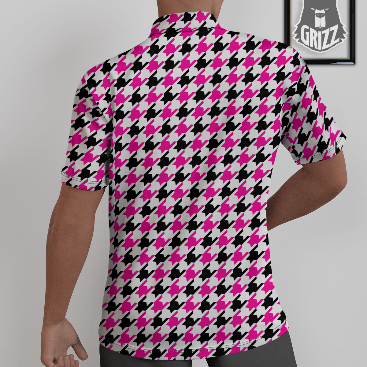 White Pink And Black Houndstooth Print Untucked Shirts-grizzshop