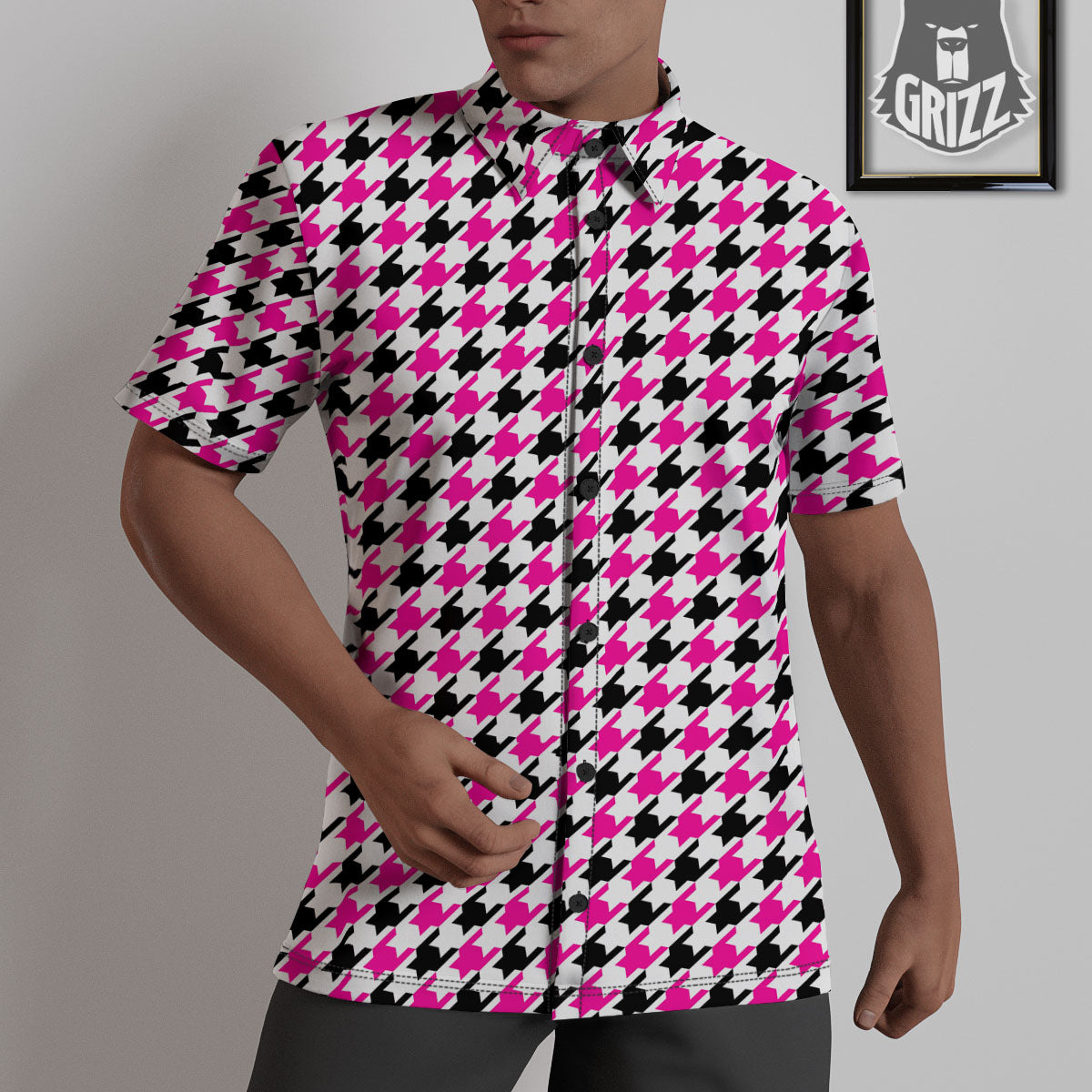 White Pink And Black Houndstooth Print Untucked Shirts-grizzshop