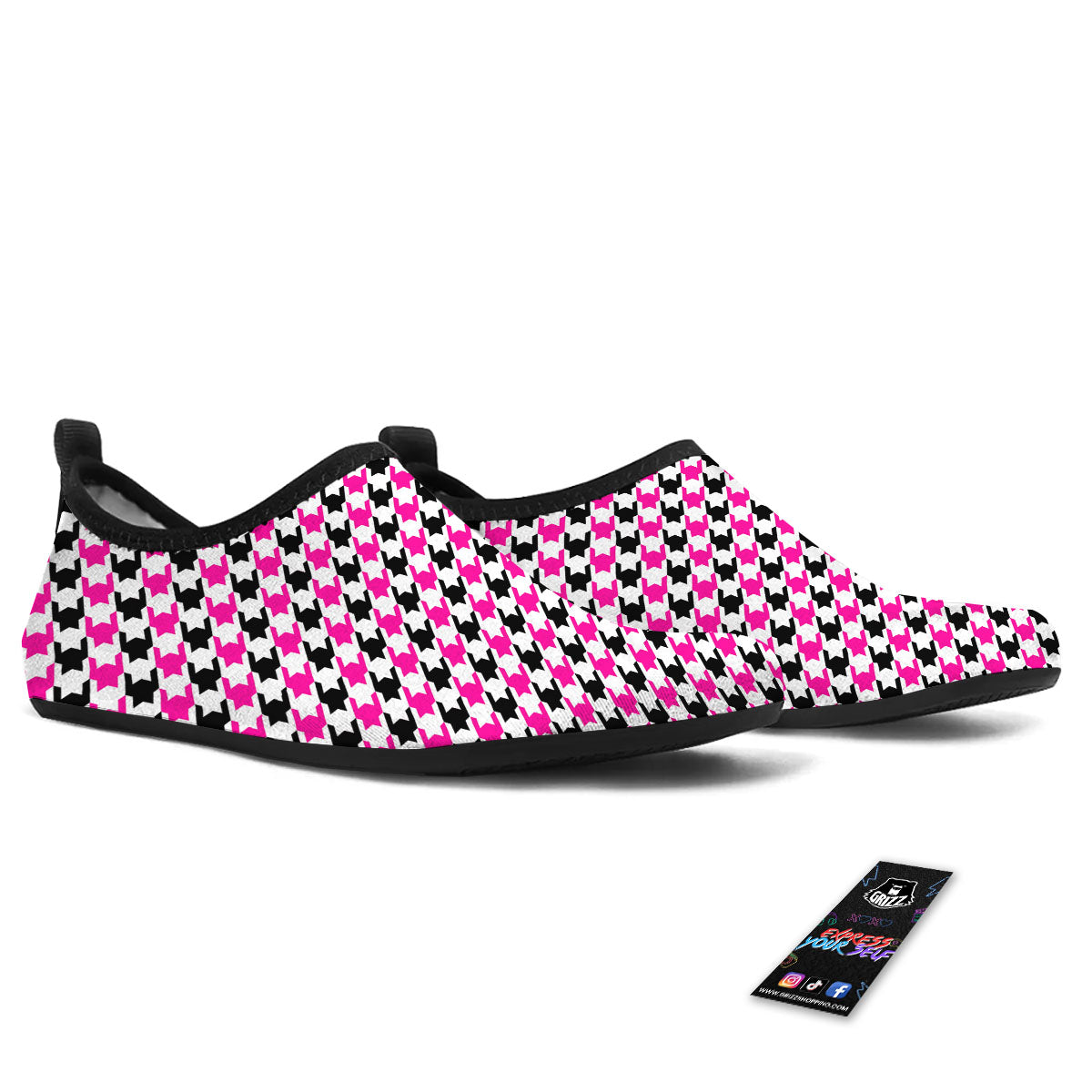 White Pink And Black Houndstooth Print Water Shoes-grizzshop