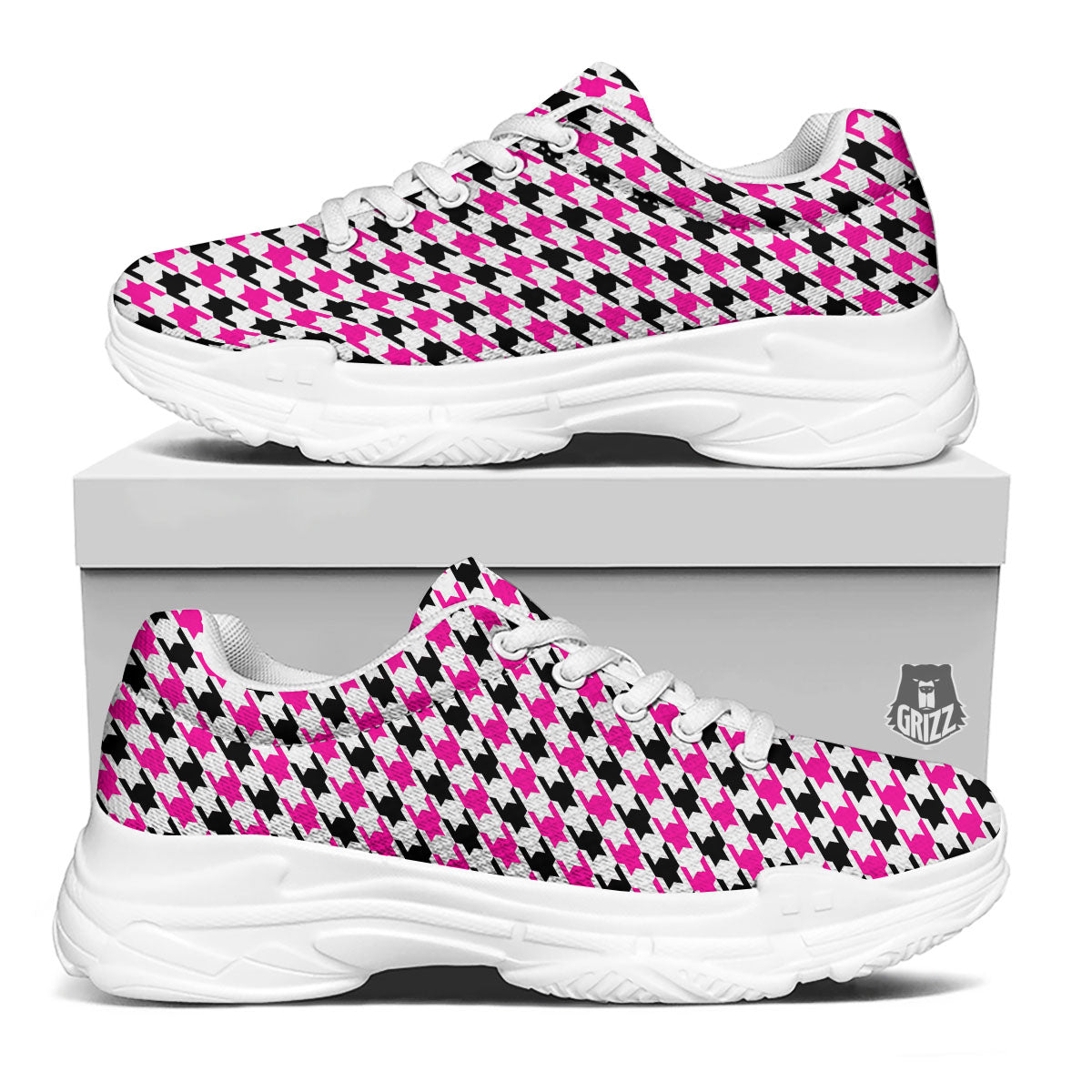White Pink And Black Houndstooth Print White Chunky Shoes-grizzshop