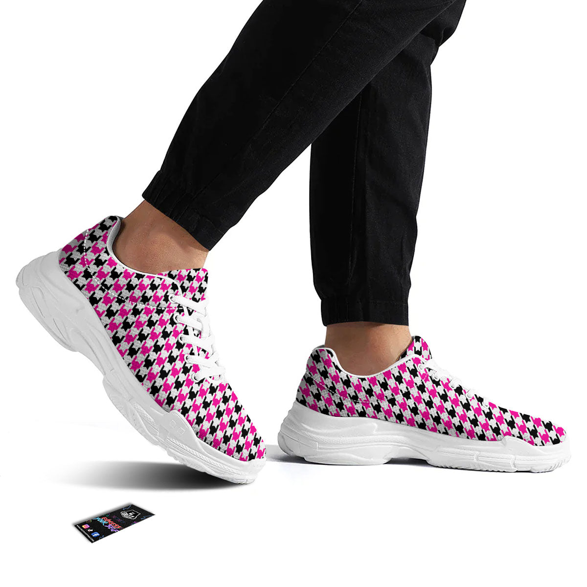 White Pink And Black Houndstooth Print White Chunky Shoes-grizzshop