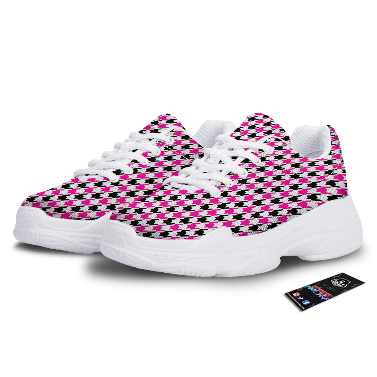 White Pink And Black Houndstooth Print White Chunky Shoes-grizzshop