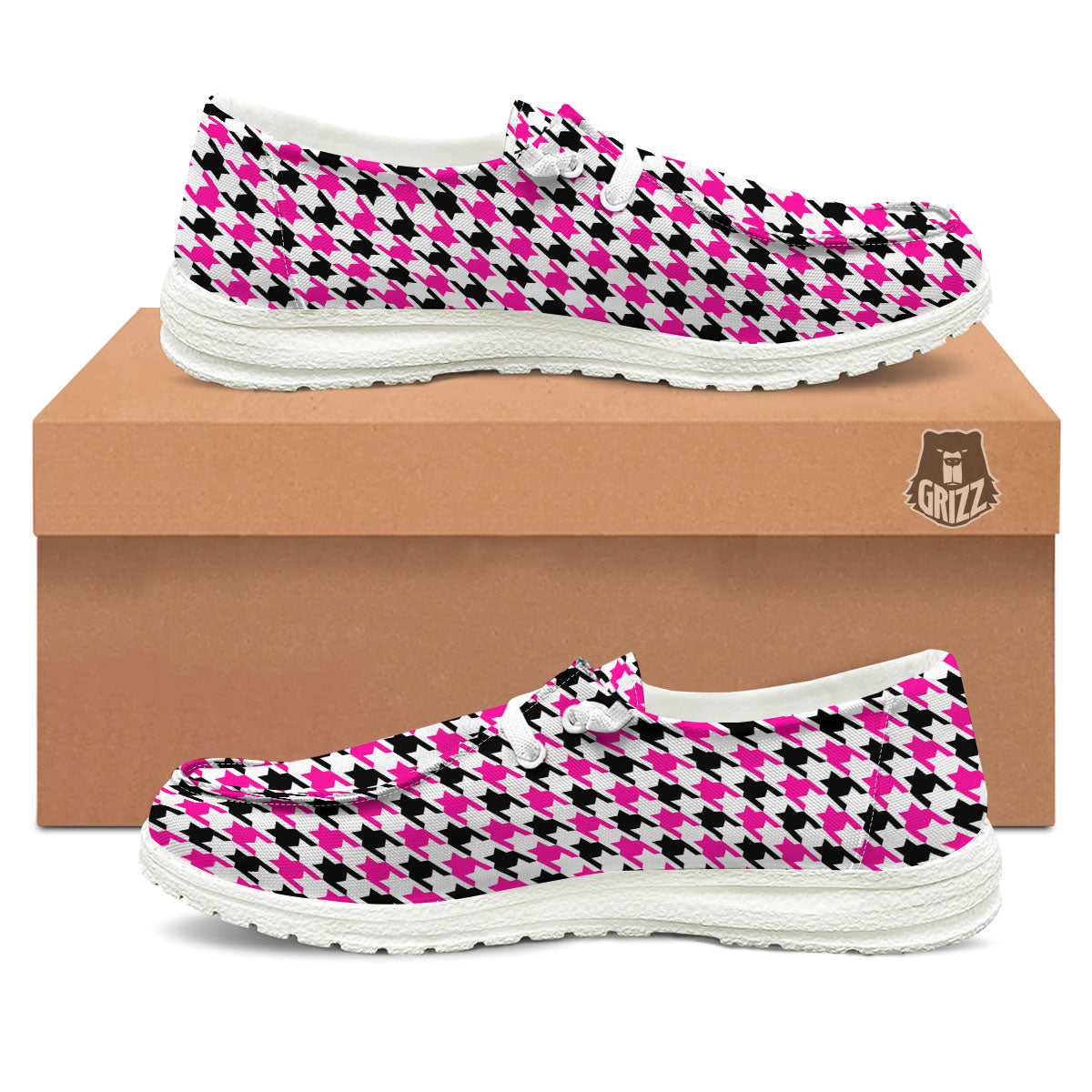 White Pink And Black Houndstooth Print White Loafers-grizzshop