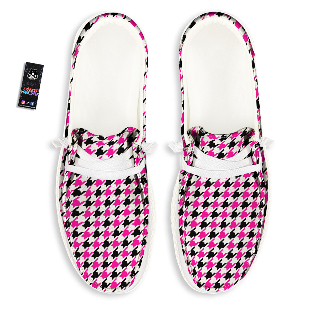 White Pink And Black Houndstooth Print White Loafers-grizzshop