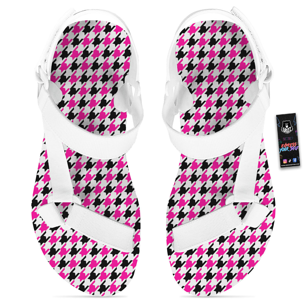 White Pink And Black Houndstooth Print White Open Toe Sandals-grizzshop