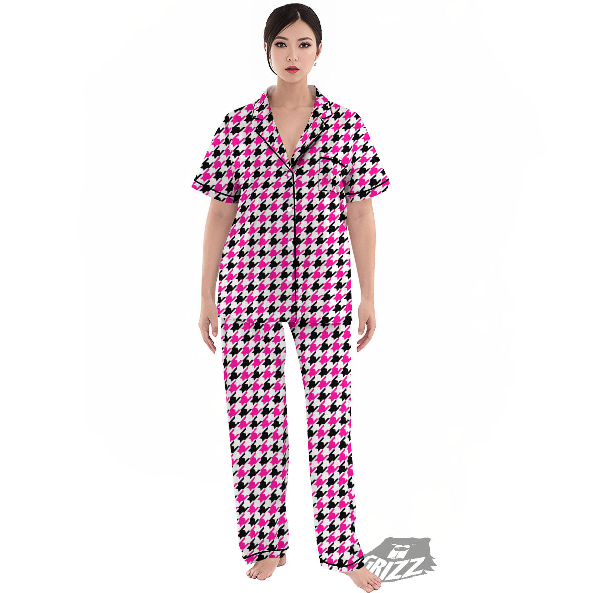 White Pink And Black Houndstooth Print Women's Pajamas Set-grizzshop