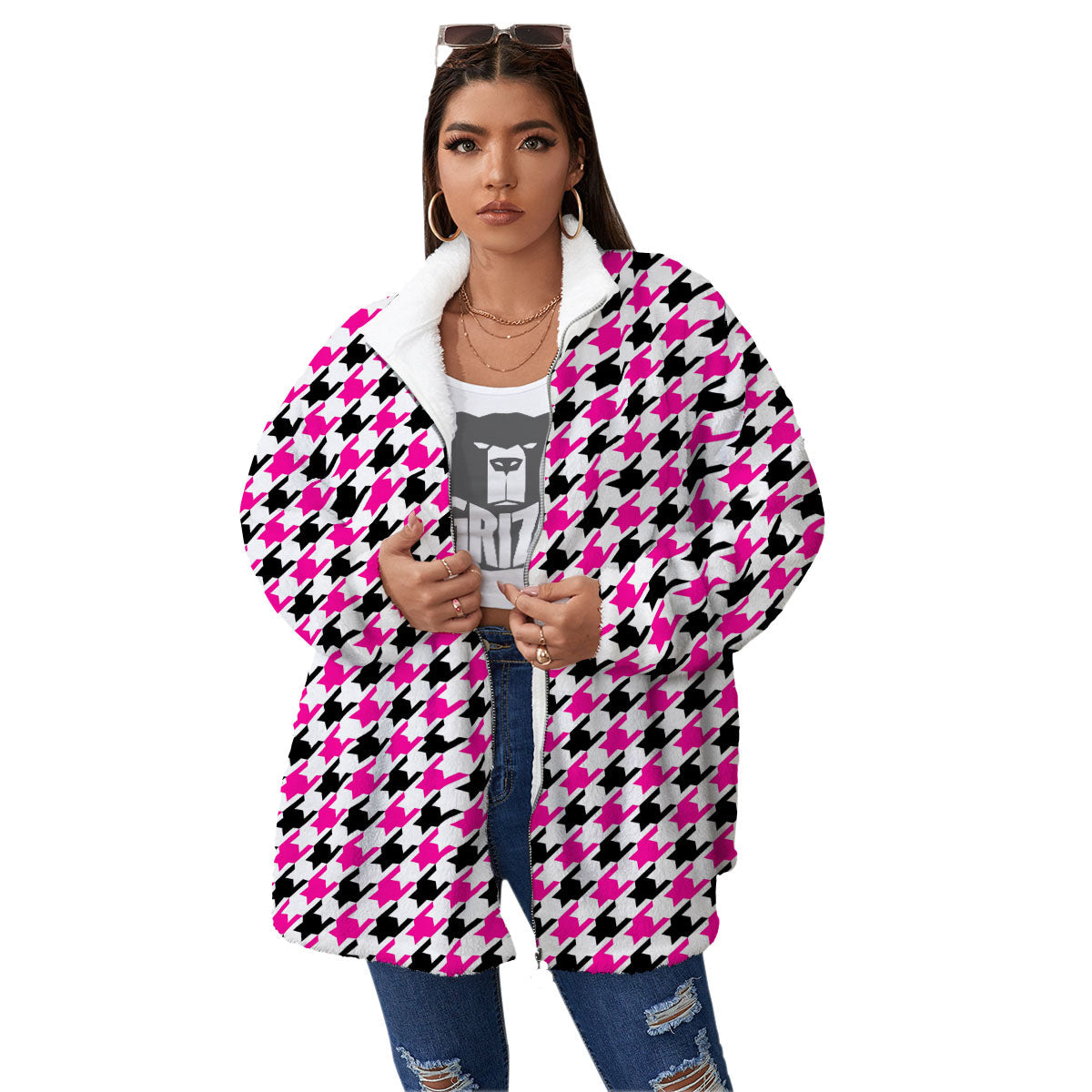 White Pink And Black Houndstooth Print Women's Sherpa Jacket-grizzshop