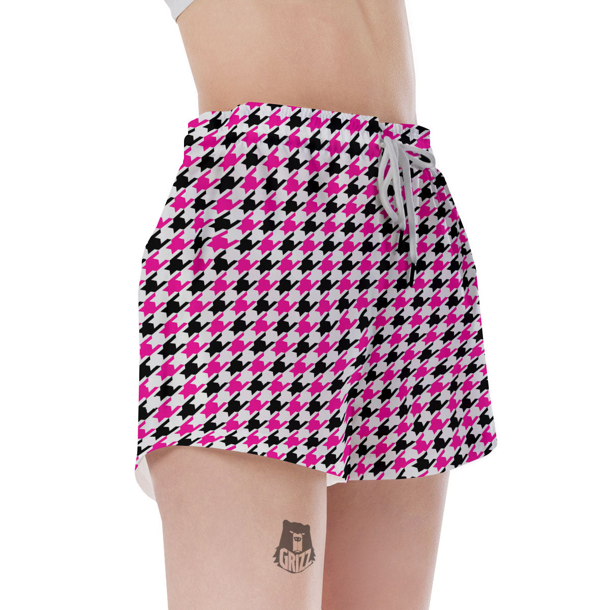 White Pink And Black Houndstooth Print Women's Shorts-grizzshop