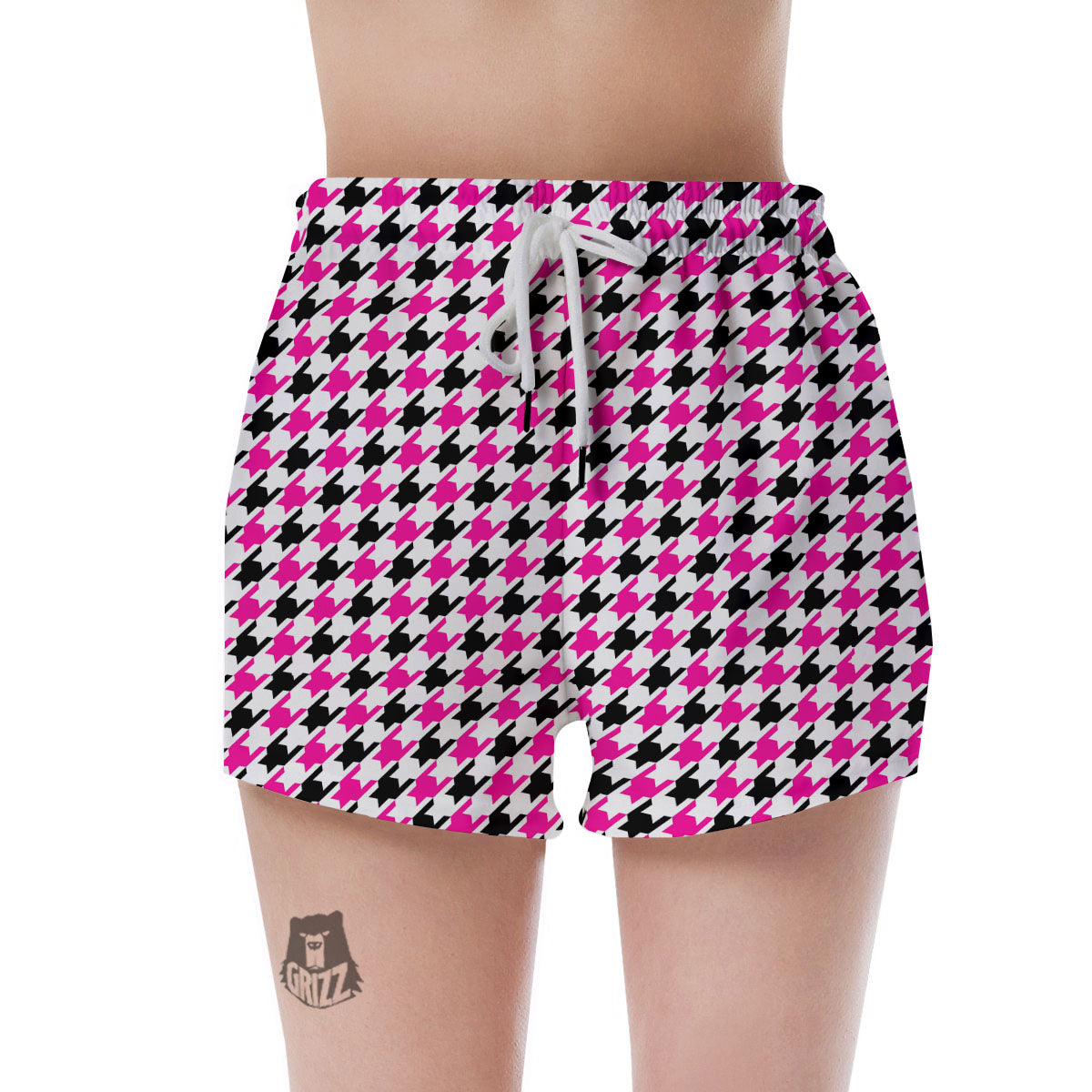 White Pink And Black Houndstooth Print Women's Shorts-grizzshop