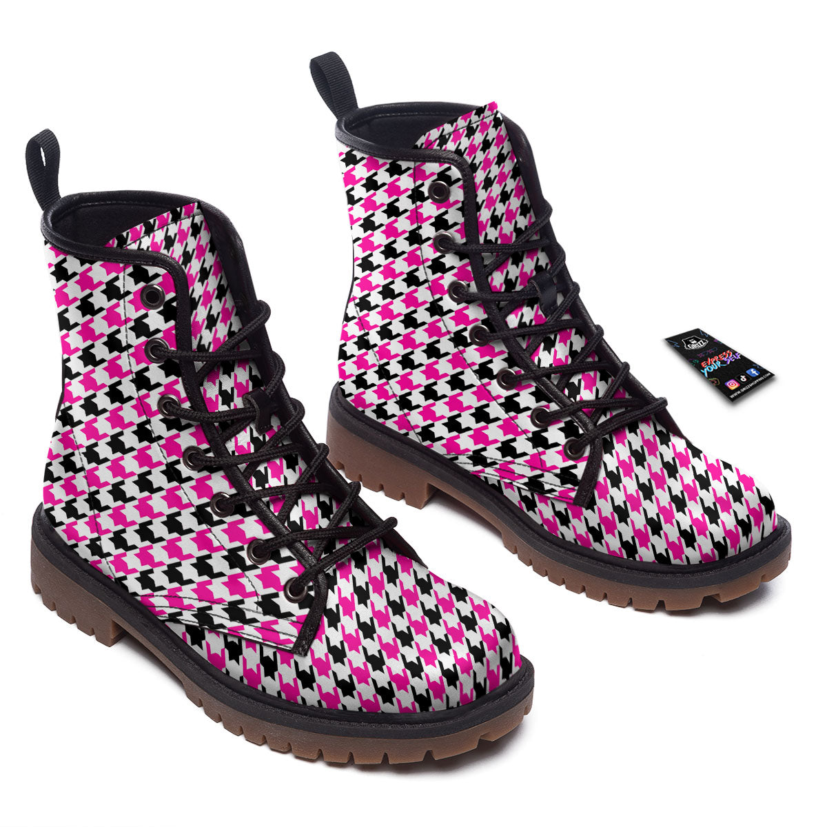 White Pink And Black Houndstooth Print Work Boots-grizzshop