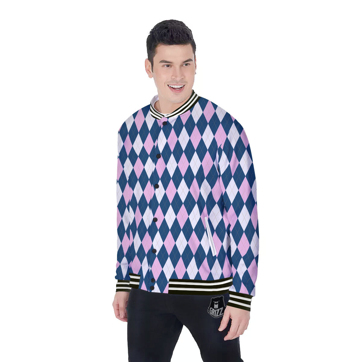 White Pink And Blue Argyle Print Pattern Baseball Jacket-grizzshop