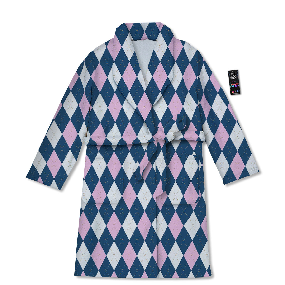 White Pink And Blue Argyle Print Pattern Bathrobe-grizzshop